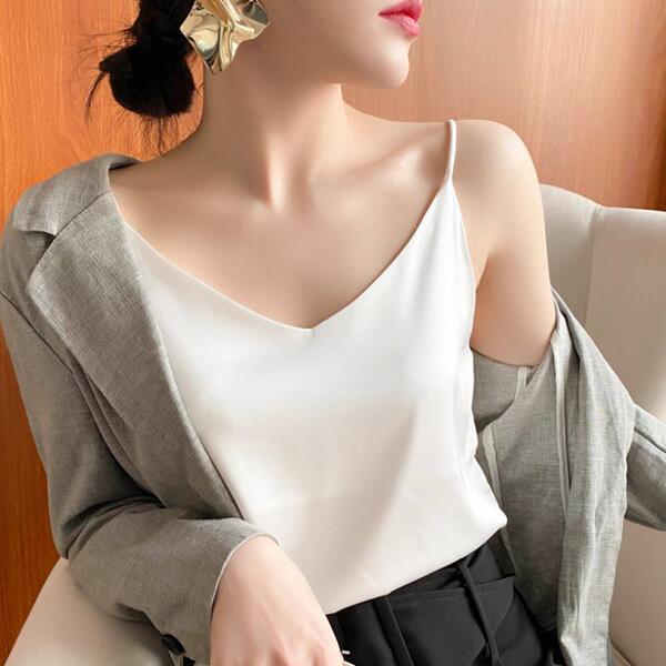 24真丝吊带背心女内搭西装白色黑色打底缎面桑蚕丝上衣小夏季v领