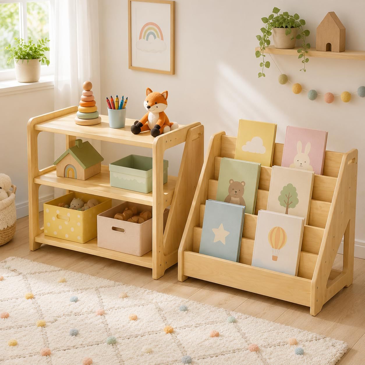 Yeni Ahşap Oyuncak Rafı Anaokulu Oyuncak Saklama Rafı Çok Katmanlı Montessori Kitaplık Çocuk Oyuncak Saklama Ünitesi