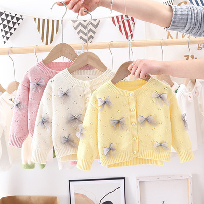 2021 new pattern Children's clothing girl bow sweater coat Children jacket Korean Edition Hollow sweater coat