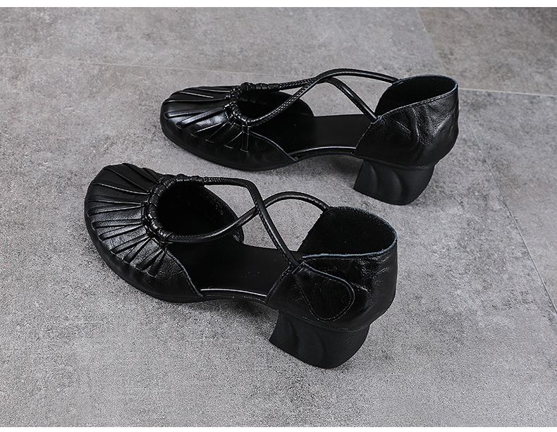 Sandal nữ da bò cao gót vuông mũi kín kiểu La Mã đan thủng — màu đen chi tiết 11