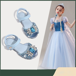 Girls Semi Sandals 2025 Summer New Children Soft Bottom Velcro Open Toe Elsa Crystal Princess Shoes Non-slip