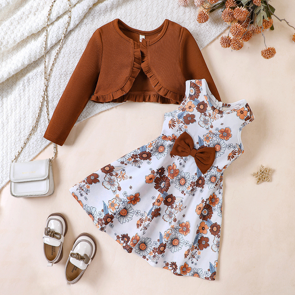 Vêtements pour enfants EW Nouveau produit pour filles Printemps et automne Robe imprimée Ensemble cardigan tricoté TZ828-C_voghion.com