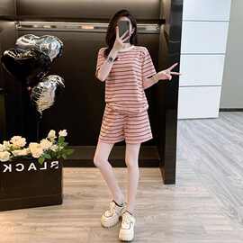 【2025现货】【牛奶丝面料】休闲运动套装女条纹袖短裤大码宽松两