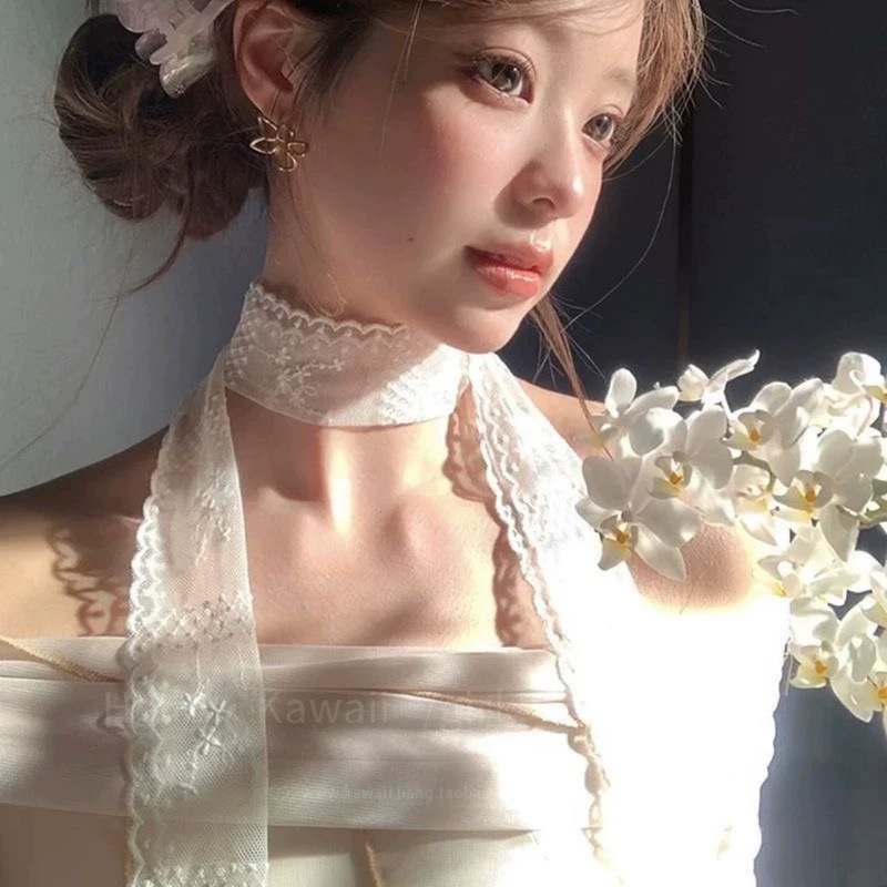 純粋な欲望スタイルの白いレースのリボンロングシルクスカーフ韓国スタイルの多用途アクセサリーベルトとネックアクセサリー多用途|undefined
