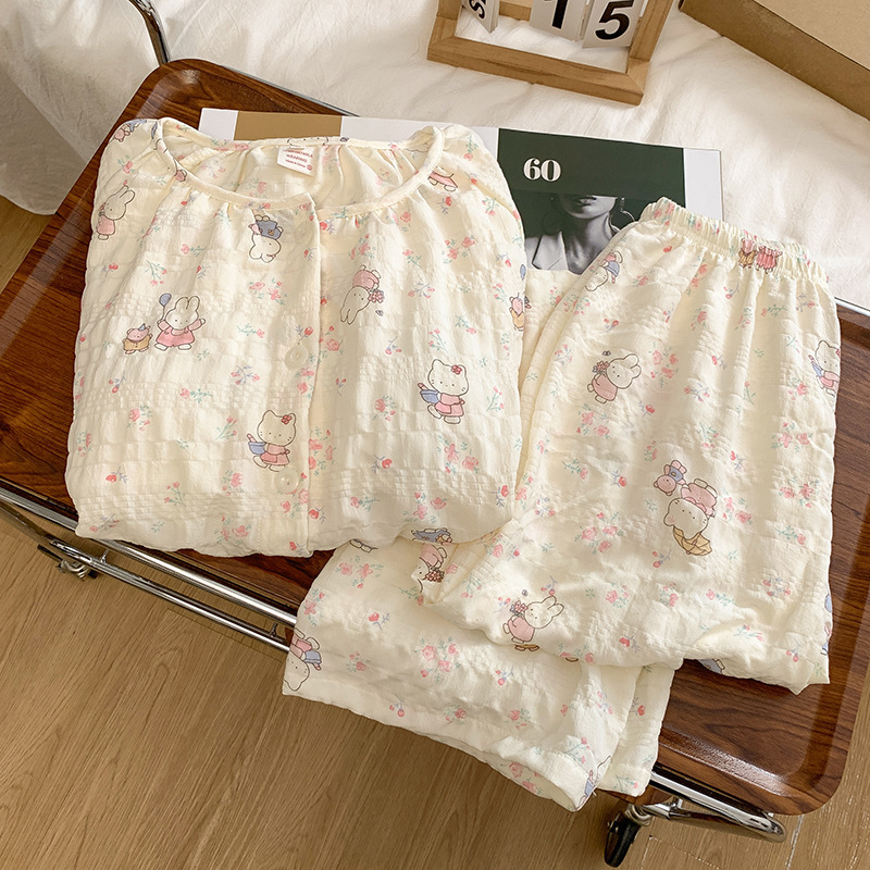 Early Autumn Sweet Girl Tencel Bubble Cotton Pajamas for Women Autum New Style with Breast Pads Cute and Sweet Long-Sleeved Pants Home Clothes Early Autumn Sweet Girl Tencel Bubble Cotton Pajamas for Women Autum New Style with Breast Pads Cute and Sweet Long-Sleeved Pants Home Clothes