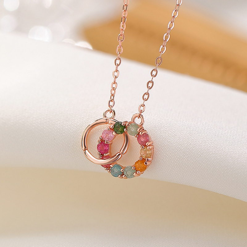 Dây chuyền bạc S925 mạ vàng hồng mặt dây chuyền vòng tròn liên kết — Dây xích (bao gồm dây xích, màu ngọc tỷ ngẫu nhiên)