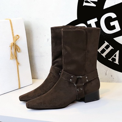 9625-2 Western Boots Women&apos;s Square Head Belt Buckle, Middle Heel, Thick Heel, Suede, Retro Thin, Single Boot, Fash