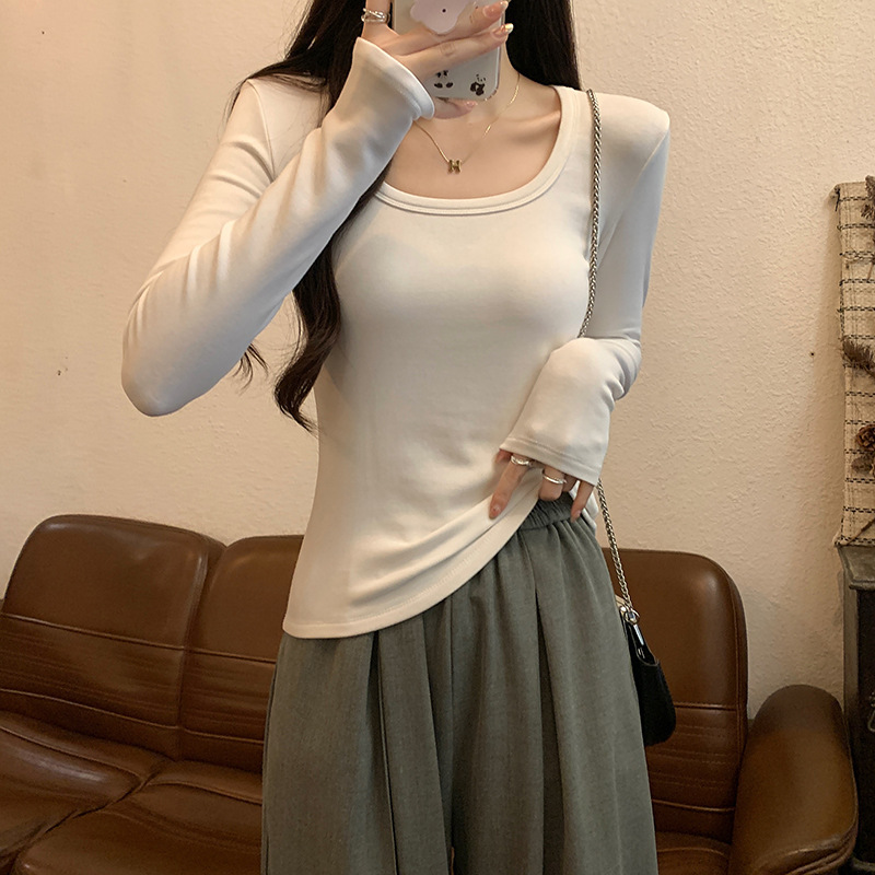 长袖t恤女2025新款早春秋低领内搭螺纹棉修身正肩方领打底衫上衣|undefined