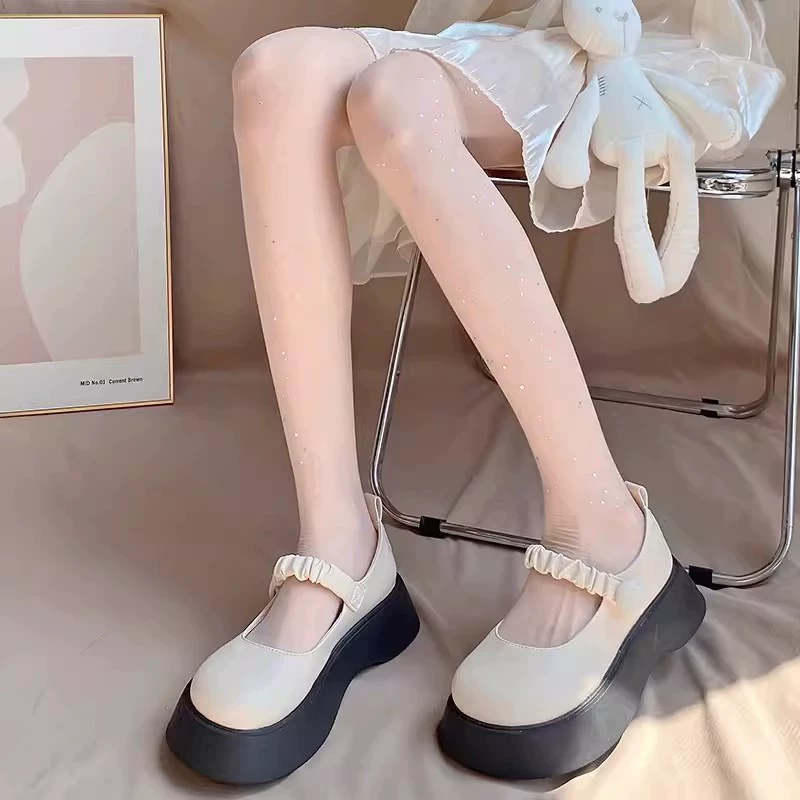 Japanese mint white thin tights with bow