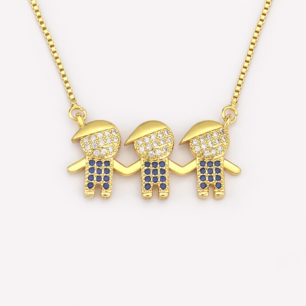 Copper-Plated 18K Real Gold Three Boys Holding Hands Blue Zircon Necklace Double Buckle Export Popular Kidsren's Pendant Accessories