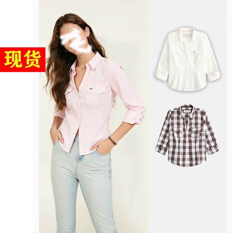 Hollister Little Seagull Pattern Y2K Slim Waist V-Neck Shirt 26 Spring New Women's Clothing 340-6075 Hollister Little Seagull Pattern Y2K Slim Waist V-Neck Shirt 26 Spring New Women's Clothing 340-6075
