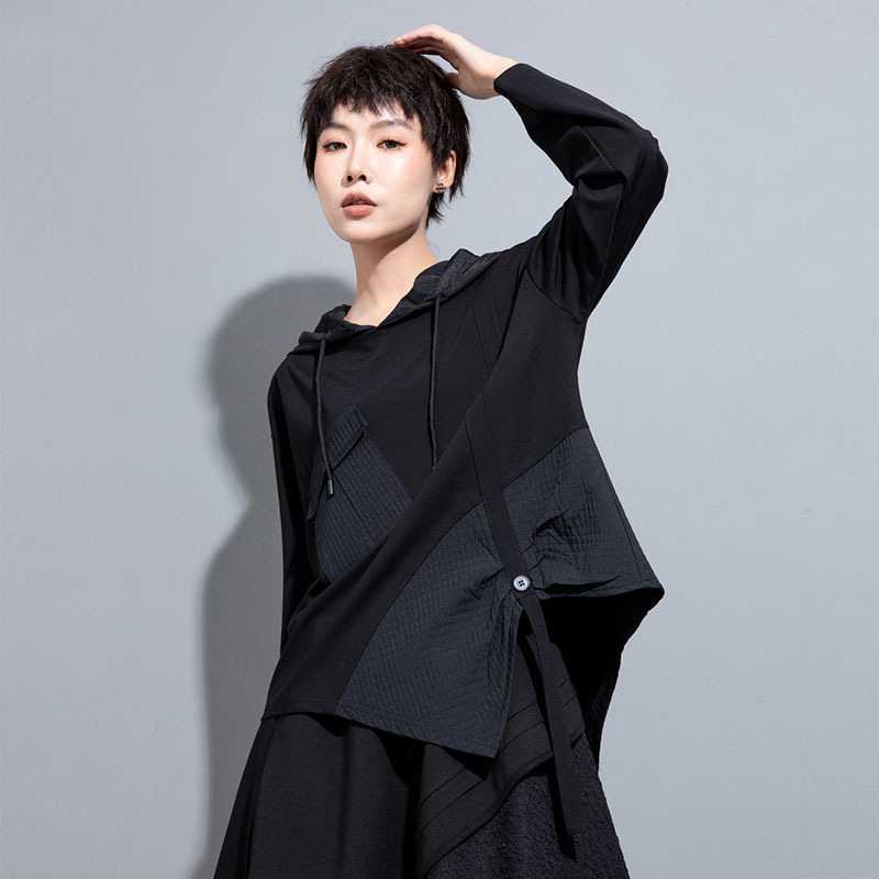 Spring and Autumn hooded irregular stitching long-sleeved T-shirt ribbon decorative casual women's clothing loose plus size dark sweater