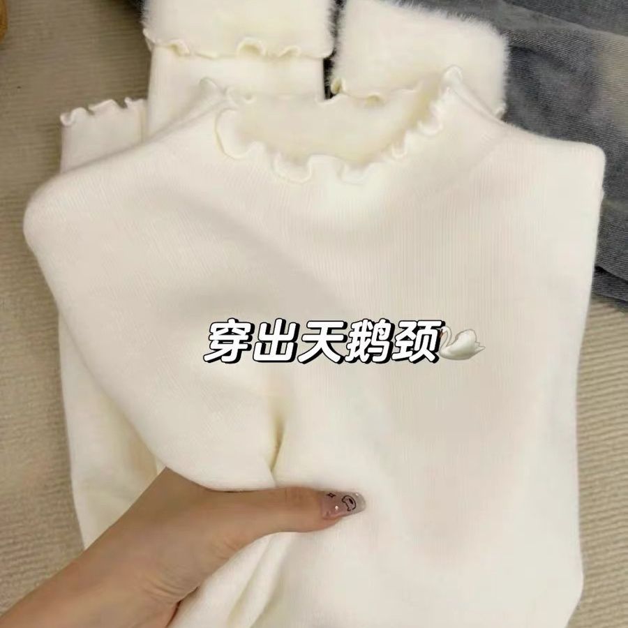 Lace Half Turtleneck Winter Velvet Inner Sweater Women's Slim Soft Waxy White Bottoming Shirt One-Piece Velvet Top Autumn and Winter