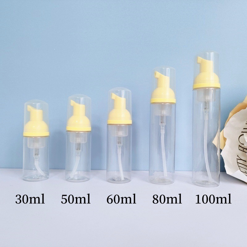 30 dientes PET mousse transparente botella 30ml100ml limpiador facial espuma botella champú espuma botella de pie en stock