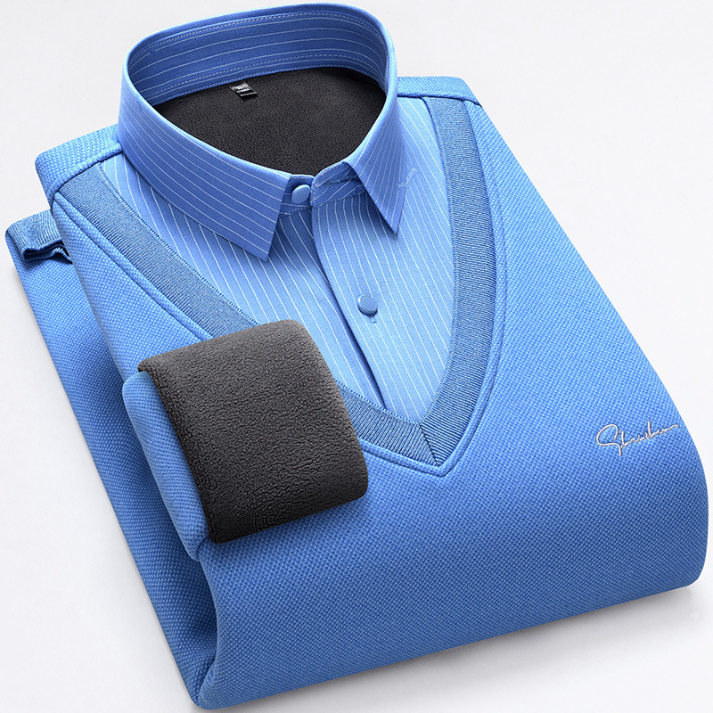 Promotional Men's Fleece-Lined Thickened Shirt, Faux Two-Piece Winter Striped V-Neck Pullover Sweater, Business Warm Knitwear Promotional Men's Fleece-Lined Thickened Shirt, Faux Two-Piece Winter Striped V-Neck Pullover Sweater, Business Warm Knitwear