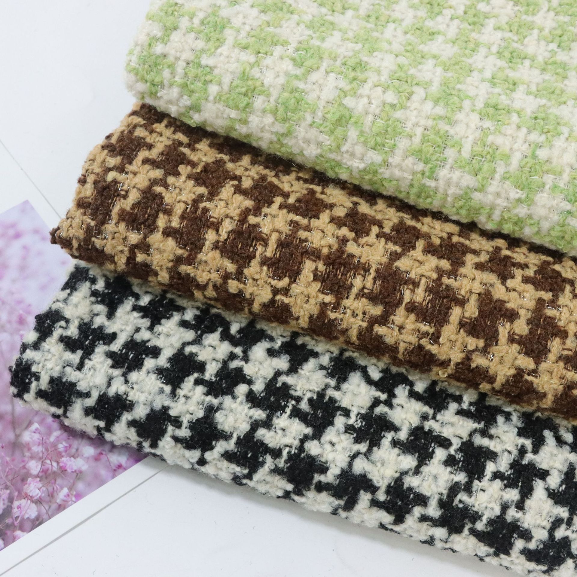 粗纺千鸟格，呢绒毛呢，磨毛格子，羊毛色织千鸟格，色织格子化纤