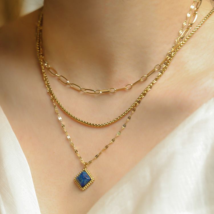 Retro Semicircle Square Titanium Steel Inlay Natural Stone Pendant Necklace 1 Piece