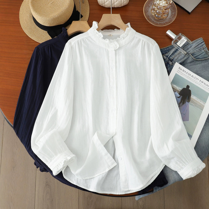 Lace stand-up collar double-layer cotton gauze long-sleeve shirt, French-style, artistic, soft, skin-friendly, breathable, pure cotton base shirt Lace stand-up collar double-layer cotton gauze long-sleeve shirt, French-style, artistic, soft, skin-friendly, breathable, pure cotton base shirt