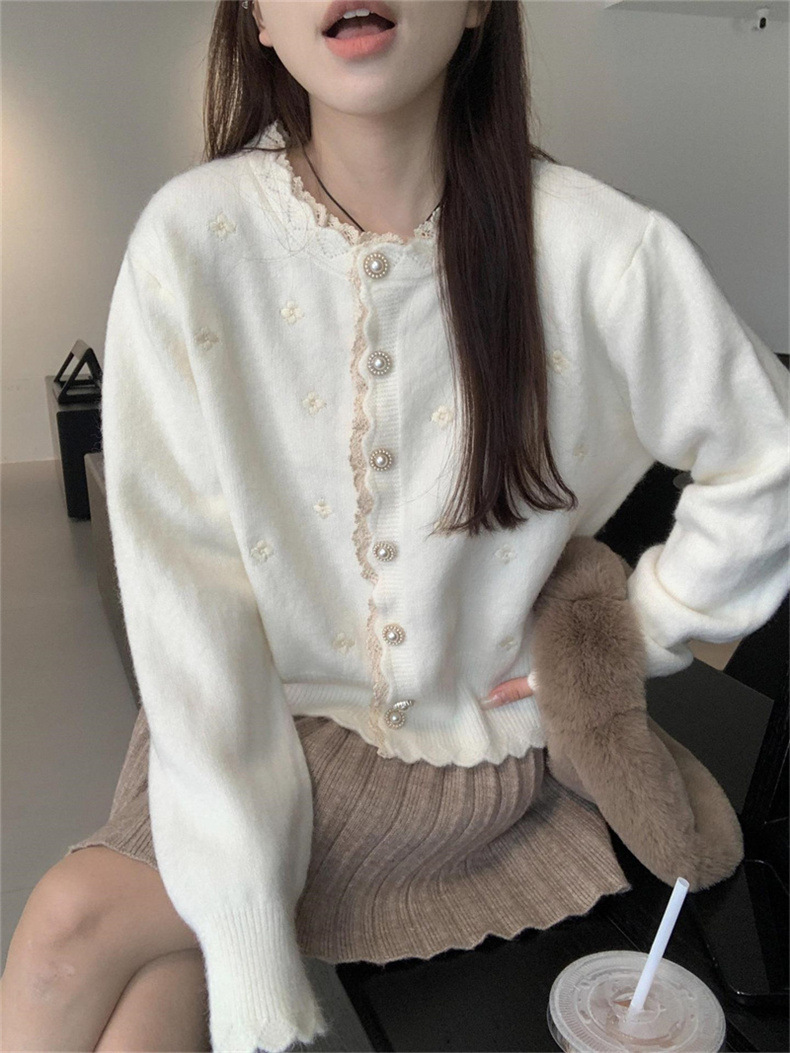 2024春秋新款拼色蕾丝拼接针织开衫女宽松设计感短毛衣外套上衣潮详情11