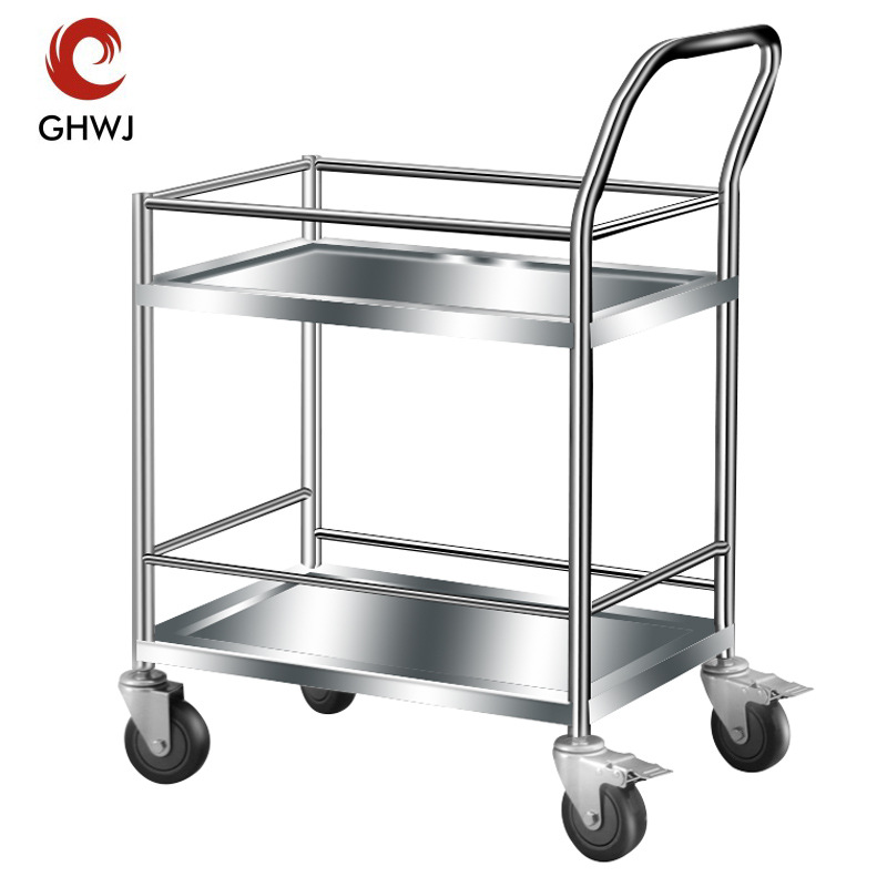 不锈钢手推车带护栏双层仪器车学校实验室两层工具车批发静音轮