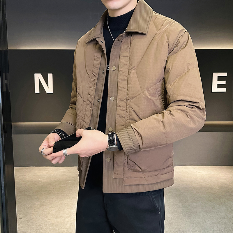 Doudoune courte chaude à capuche en toile de canard blanc, col rabattu, collection hiver 2025 pour hommes et jeunes. Vêtements d'extérieur._voghion.com