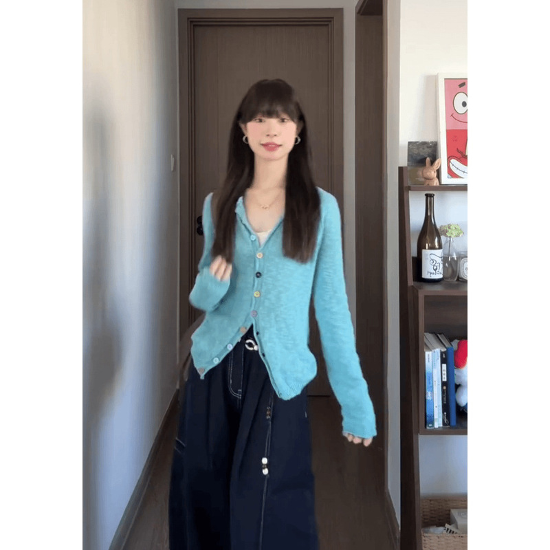 女生韩系ins衣服蓝色V领显白长袖针织衫上衣牛仔裤套装|undefined