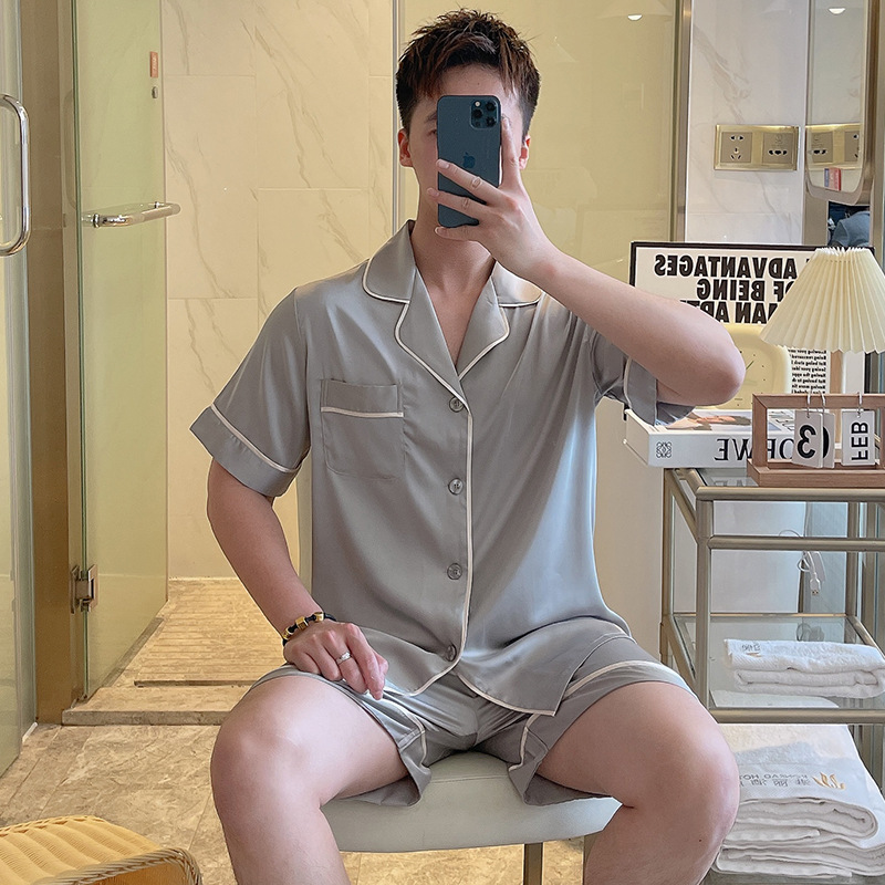 Pajamas Men's Spring and Summer Thin Ice Silk Luxury Short-sleeved Shorts Teenager Boys Korean Style Silk Home Clothes suit