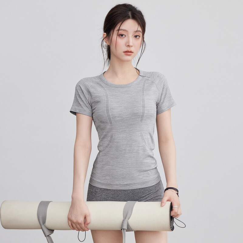 Summer Slim-Fit Yoga Wear Short-Sleeved Round-Neck Quick-Drying Breathable Running Sports T-Shirt Elastic Pilates Top