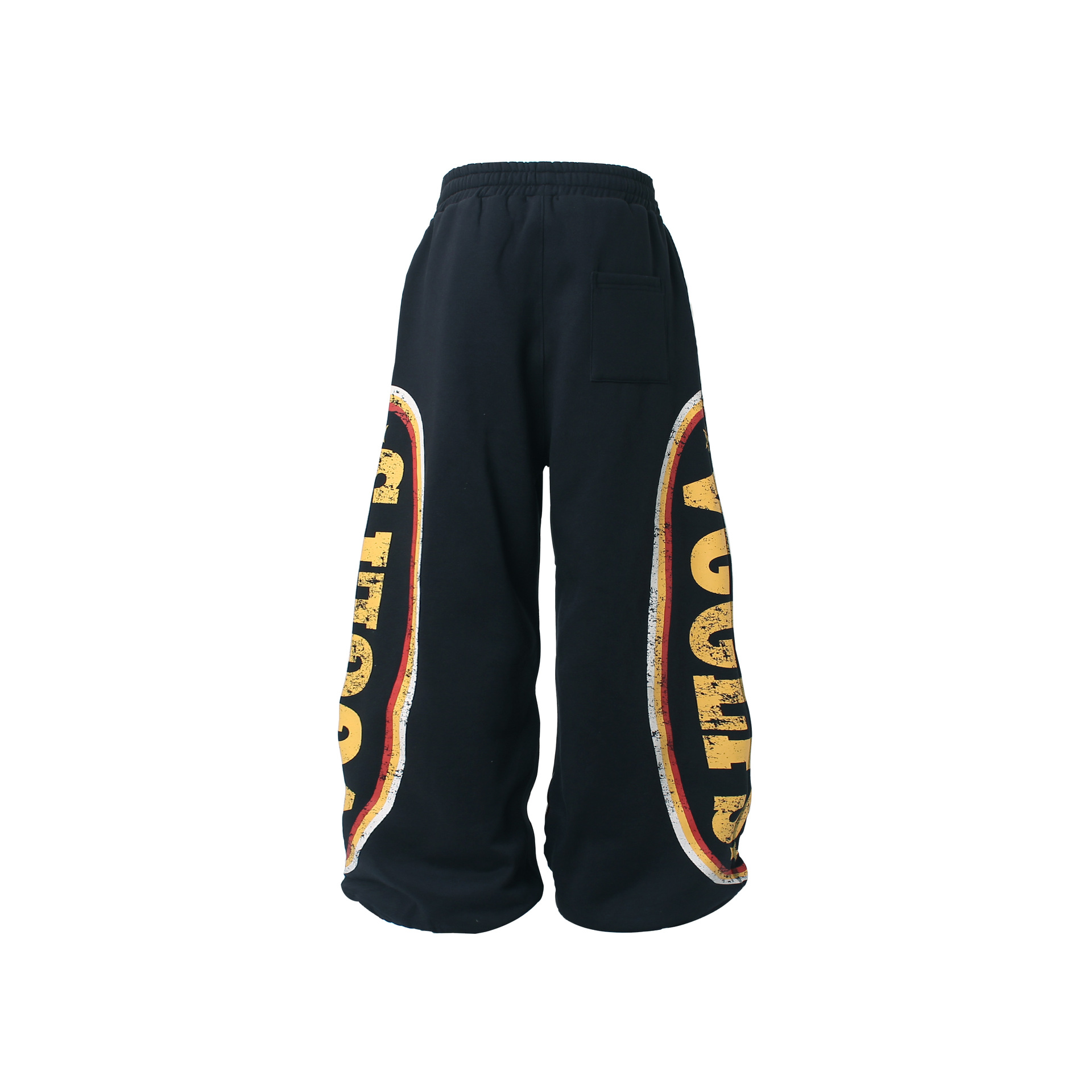 Pantalon de jogging unisexe noir doublé polaire, coupe oversize, style hivernal, ourlet évasé, imprimé asymétrique à lettres, intérieur brossé_voghion.com