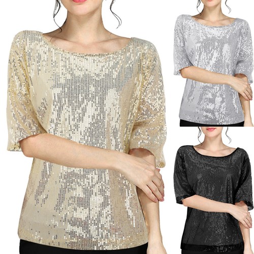 Summer V-Neck Blouse Women Solid Color Beaded Top Sequin T-Shirt Performance Costume Instagram