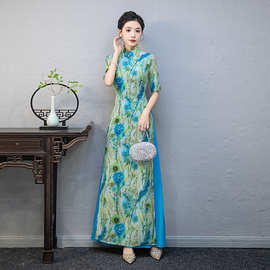 新款奥黛长旗袍改良版高级优雅走秀节目演出服显瘦大码连衣裙