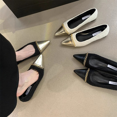 法式2024尖頭淺口單鞋女春秋季小香風拼色金屬鏈條懶人瓢鞋時尚潮