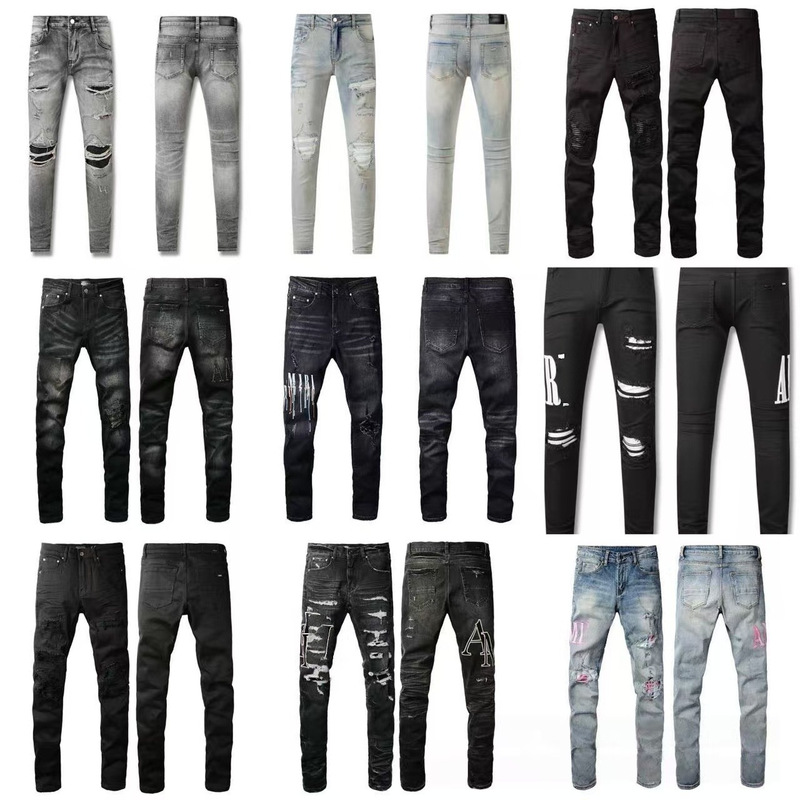 Authentic cross-border export European and American street style Ami jeans, fashionable slim-fit ripped and patched men's jeans Authentic cross-border export European and American street style Ami jeans, fashionable slim-fit ripped and patched men's jeans