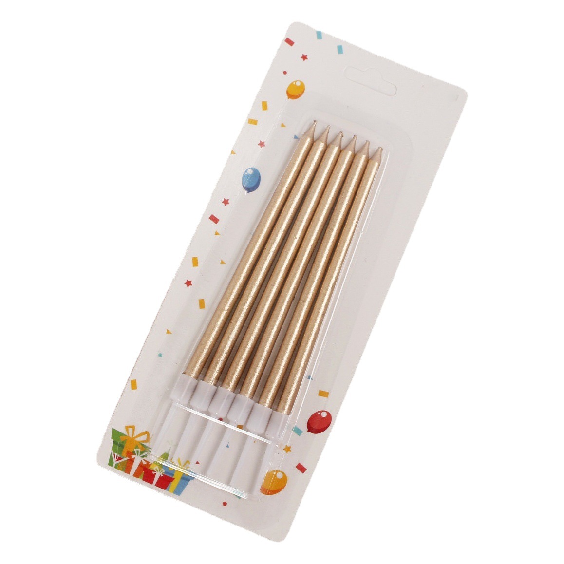 6 piezas pastel de fiesta creativo lápiz vela fabricante Vela de cumpleaños al por mayor larga varilla de oro/color del arco iris sin humo