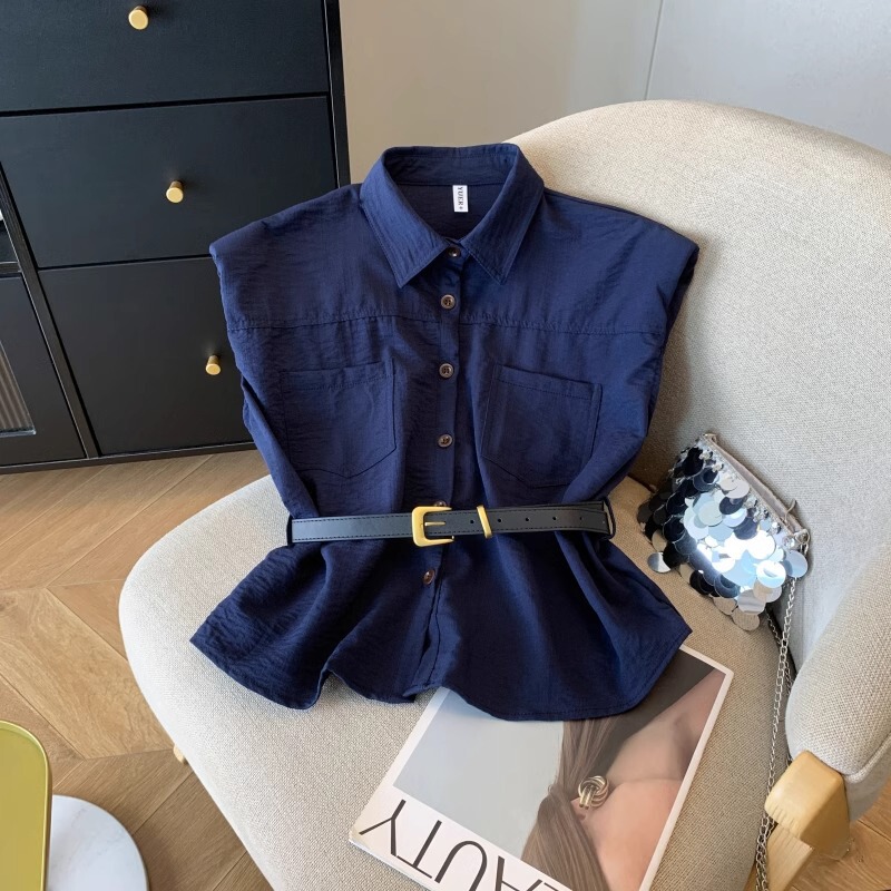 Sleeveless Shirt with Waist Belt for Women, Summer Design, Slim Fit, Single-Breasted Short Top, Multi-Color