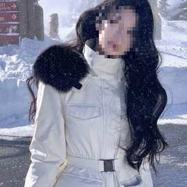 冬季新款大毛领防风收腰显瘦羽绒棉服女设计感撞色棉衣外套潮