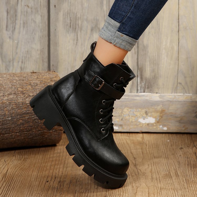 New autumn winter British style motorcycle boots thick soled belt buckle vintage ankle boots plus size_voghion.com