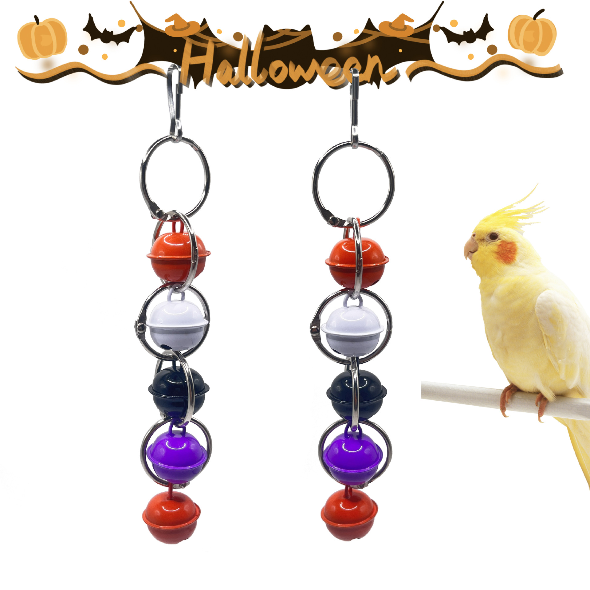 Nuevo juguete de pájaro con tema de Halloween transfronterizo, campana de loro, cuerda de pájaro con mordida, cuerda de sonido, accesorios de jaula de pájaro colgante