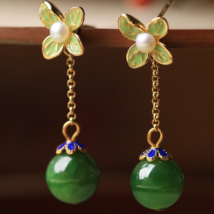 Natural Hetian Jade Chinese style enamel clover flower sterling silver earrings women's summer earrings earrings