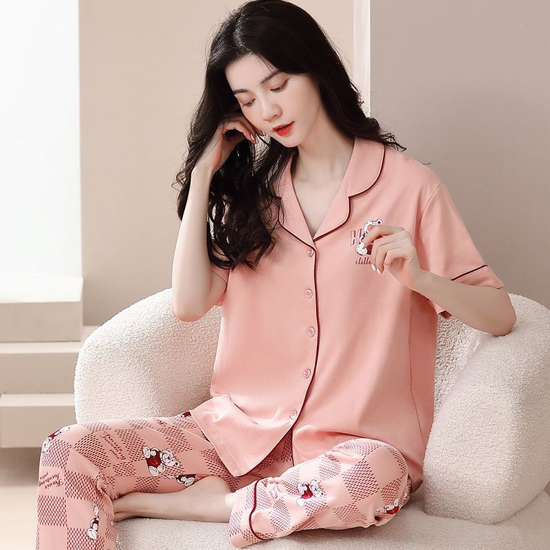 Nuevos pijamas de verano de las mujeres pantalones de manga corta 100% algodón Delgado solapa casual de las mujeres mamá ropa de casa traje de verano