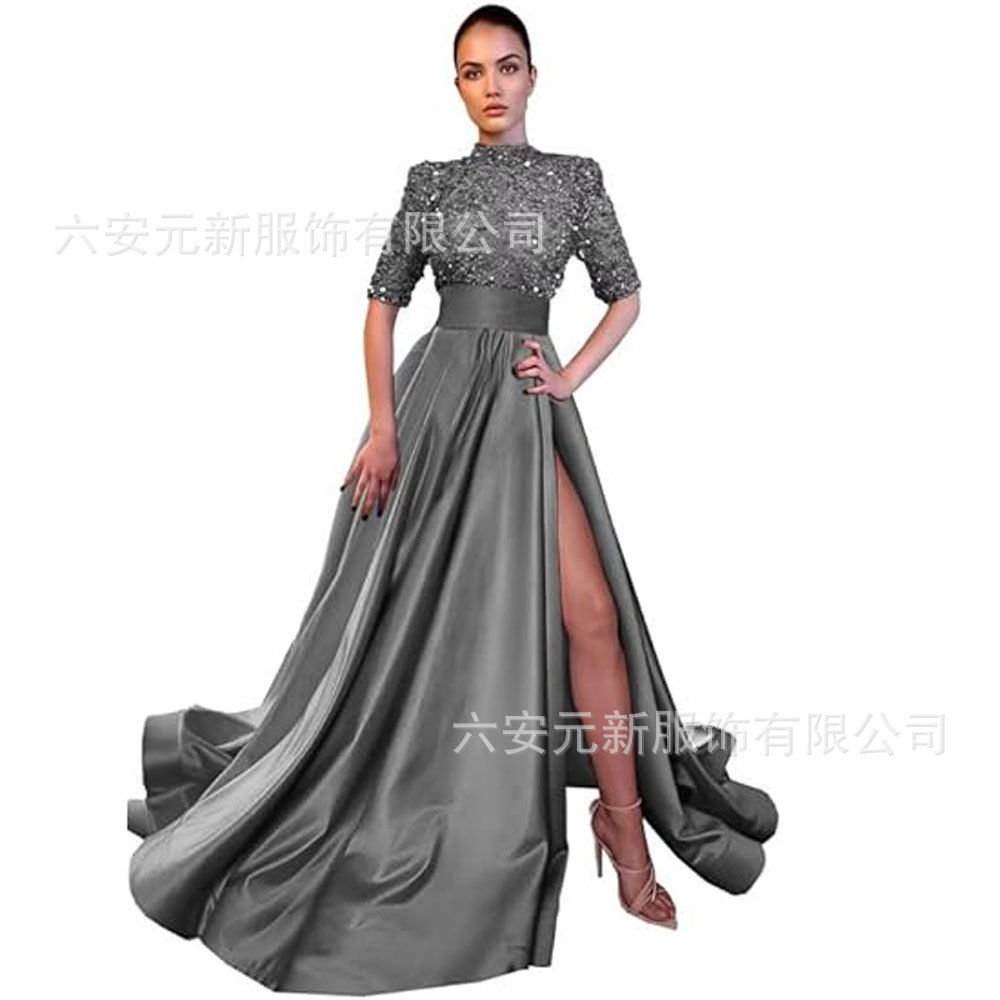 Europeo y americano Amazon AliExpress vestido de fiesta media manga lentejuelas satén vestido de noche A-line vestido de fiesta de hendidura image 8