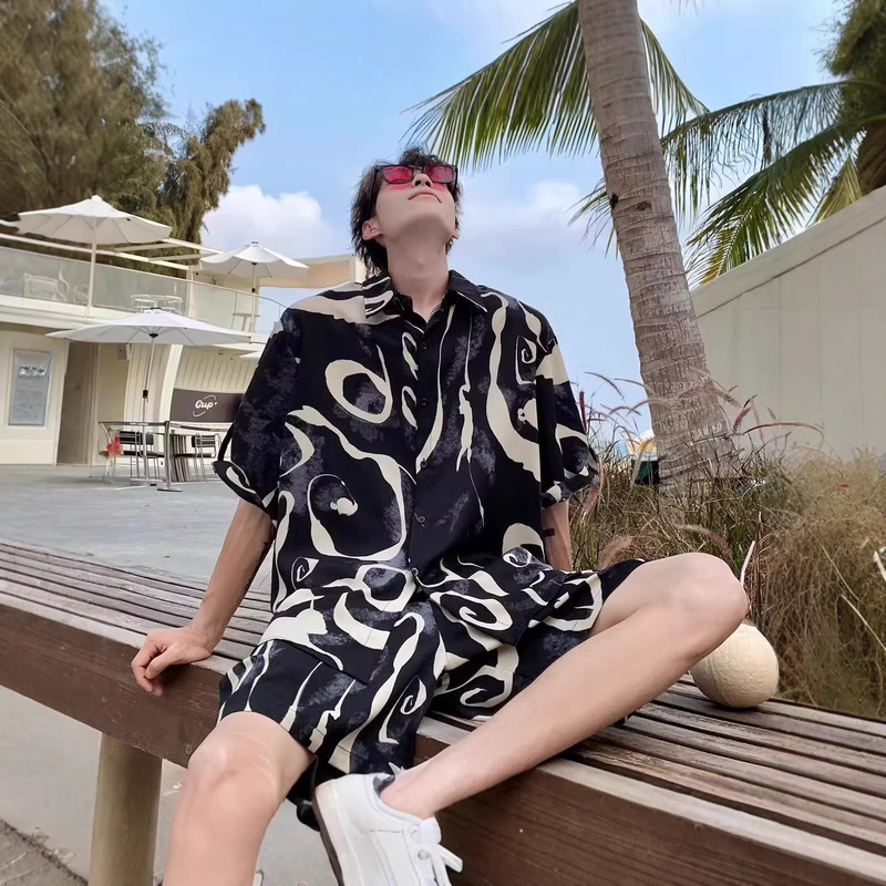 Beach Vacation Outfit, Beach Suit for Men, Summer Thin, Loose, Casual, Handsome Shirt, Shorts, Fashionable Two-Piece Set