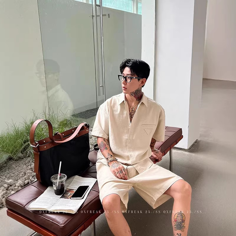 Extra Large Size 150kg Linen Blend Old Money Style Suit Men's Summer Loose Short-Sleeved Shirt and Shorts Two-Piece Set
