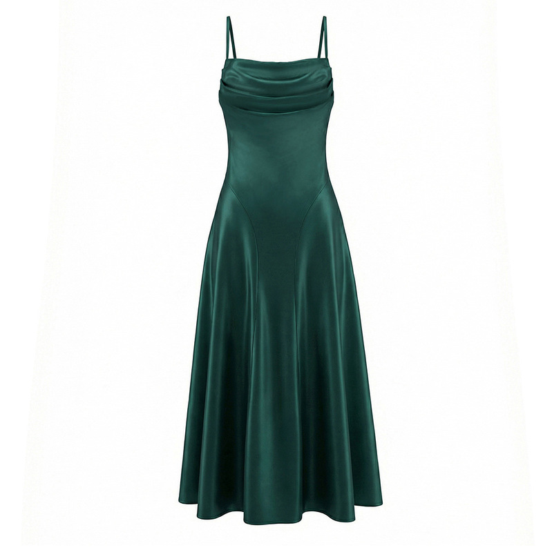 French-Style Satin Slip Dress with a Draped Neckline for Women, 2026 Summer New Design with Tie Straps, Sexy A-Line Long Dress French-Style Satin Slip Dress with a Draped Neckline for Women, 2026 Summer New Design with Tie Straps, Sexy A-Line Long Dress