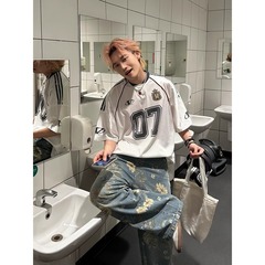 国境を越えたアメリカのレトロな文字落書きプリントメッシュの半袖tシャツ男女のゆるい通気性運動上着