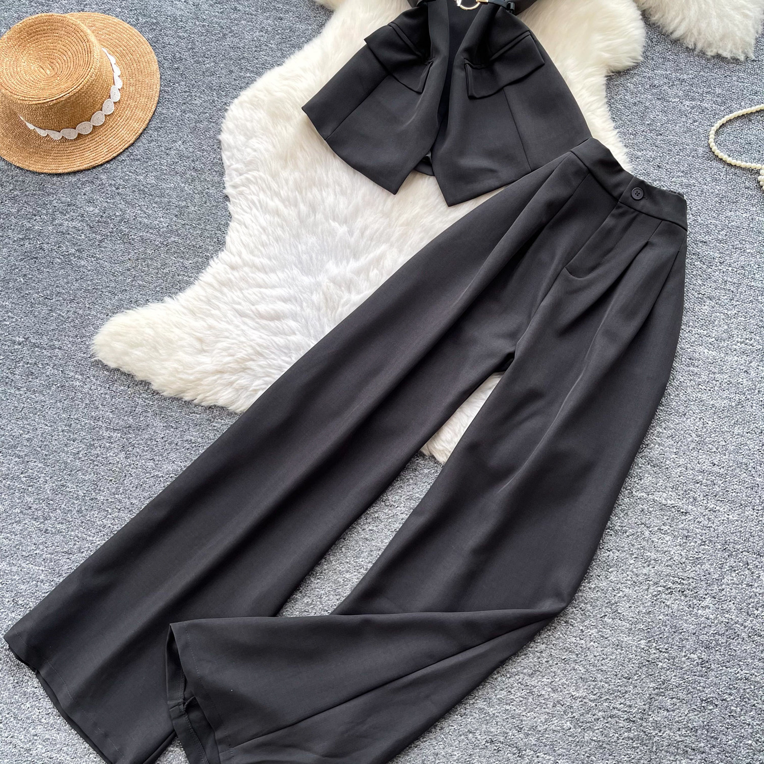 Korean Style Women's Cami Top And High-Waisted Wide Leg Pants Set - Summer Drawstring Waist Two Piece Outfit_ecoleips.com