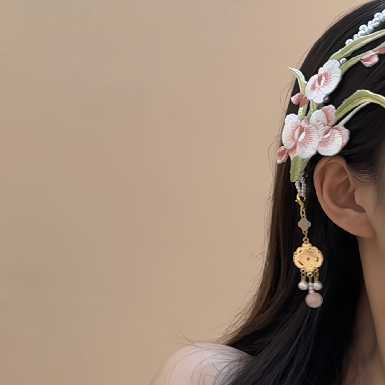 【Lan Zhi Ning Fang】Orchid Pearl Tassel Hair Chain, New Chinese Style Embroidered Flower Side Clip, Hanfu Hair Accessory, Ancient Style