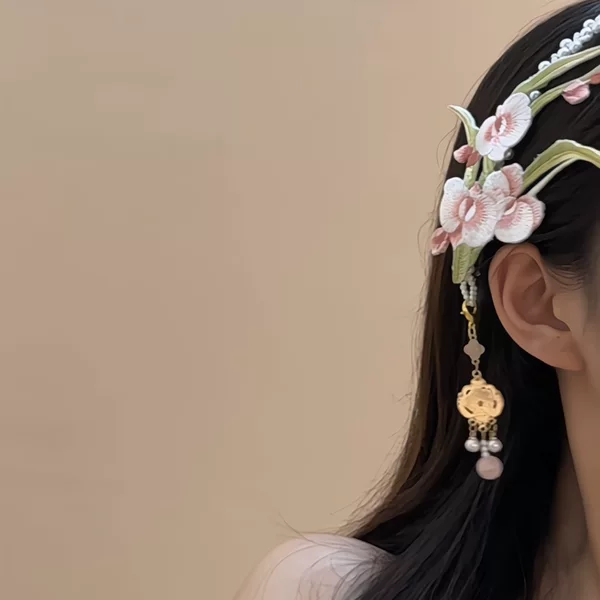 【Lan Zhi Ning Fang】Orchid Pearl Tassel Hair Chain, New Chinese Style Embroidered Flower Side Clip, Hanfu Hair Accessory, Ancient Style