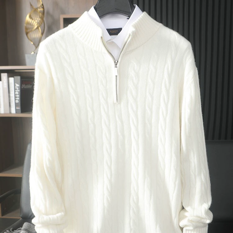 Осенне-Зимний новый свитер из 100% чистого кашемира, полувысокий свитер на молнии с воротником-стойкой, мужская вязаная нижняя рубашка, деловая Повседневная теплая