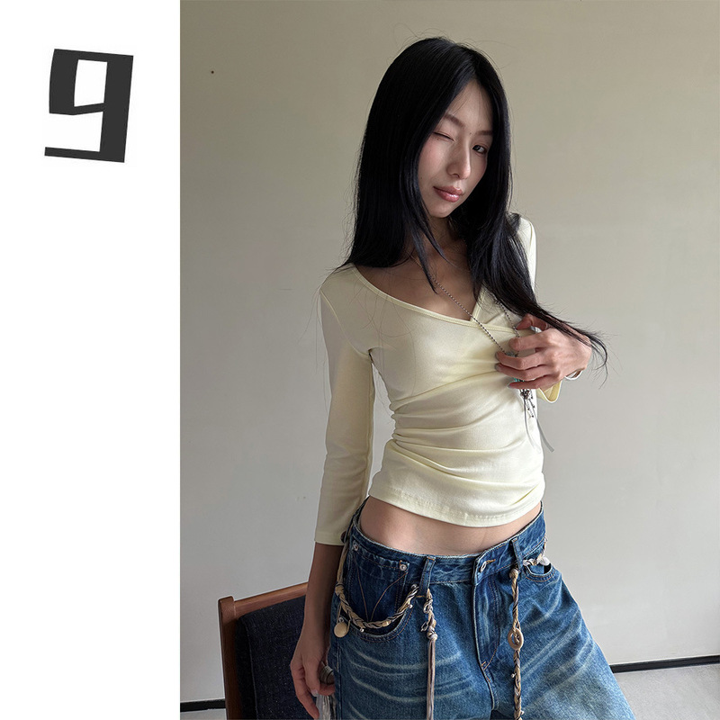 V-neck cross-pleated three-quarter sleeve T-shirt, slim fit, sexy and slimming inner top CM260398 V-neck cross-pleated three-quarter sleeve T-shirt, slim fit, sexy and slimming inner top CM260398